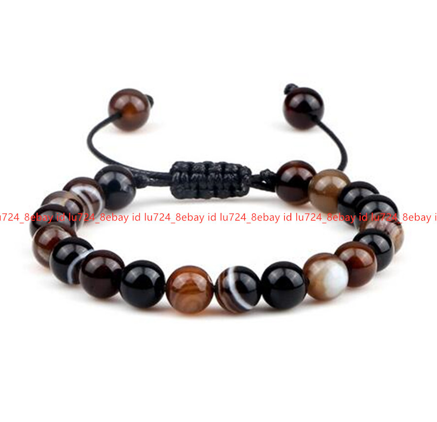 6/8/10/12/14mm Multicolor Striped Agate Round Gem Beads Adjustable Bracelet 7.5″