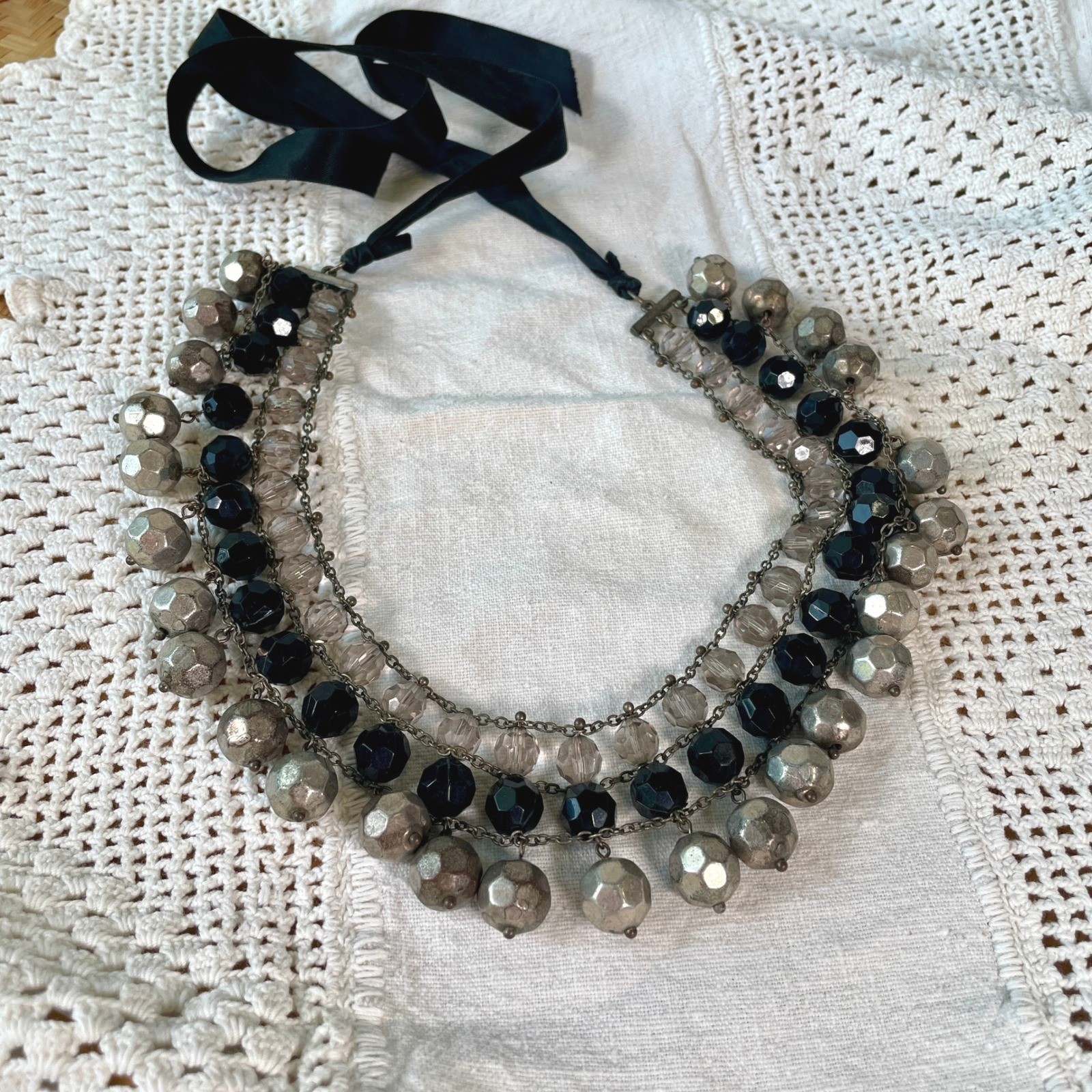 Statement Multi Strand Beaded Bib Necklace Silver Black Grey Ribbon Tie Boho