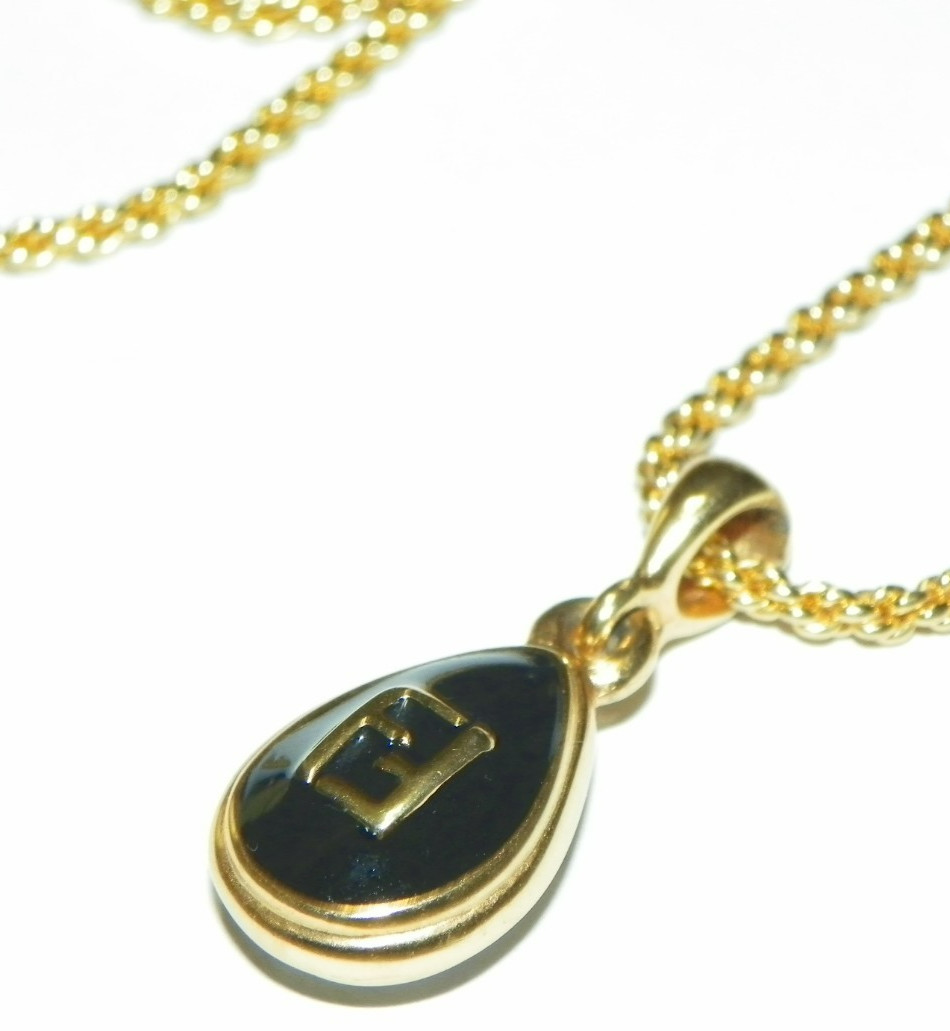 VTG Fendi Logo Teardrop double side Black Enamel/clear Crystal Pendant GoldTone