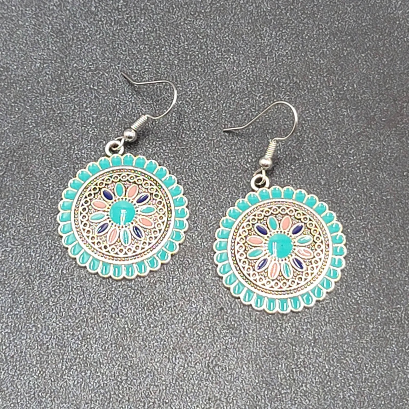 Pierced Earrings Silver tone Enamel Medallion Round Dangle Multicolor 1″