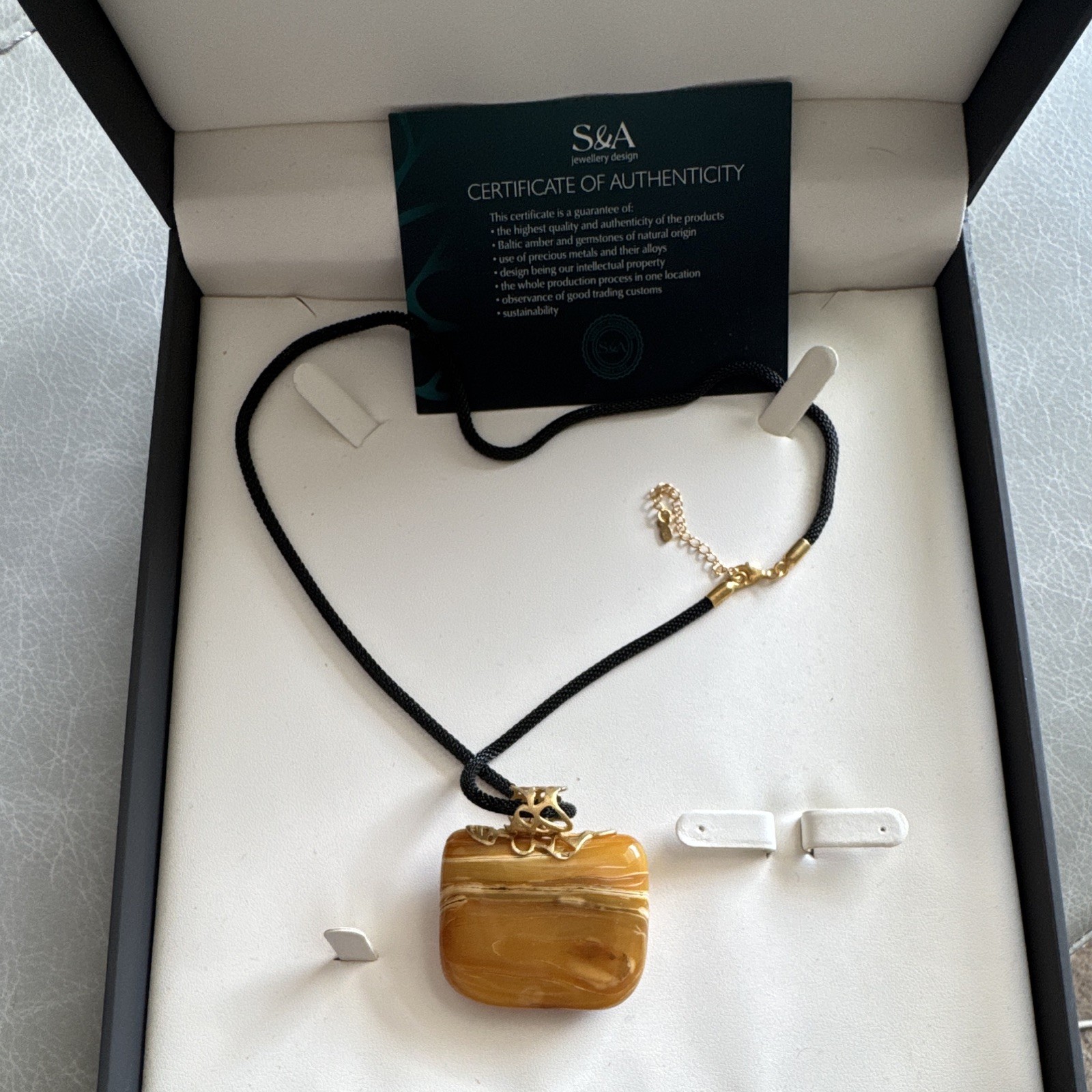 S&A Baltic Natural Amber Pendant Necklace Gold Tone Bezel Black Cord COA