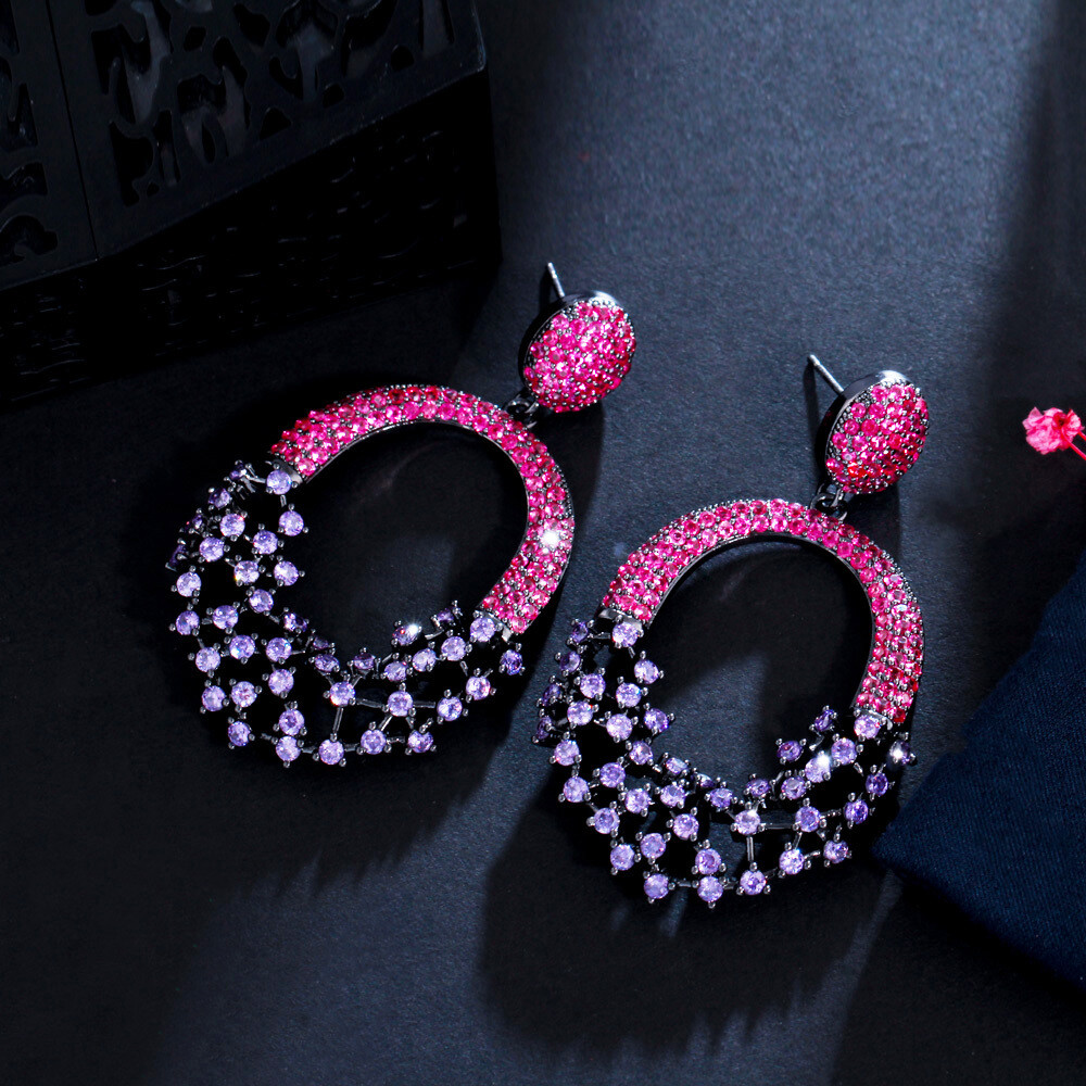 Lady Gorgeous Black Gold Plated Hot Pink Purple Zircon Long Dangle Drop Earrings
