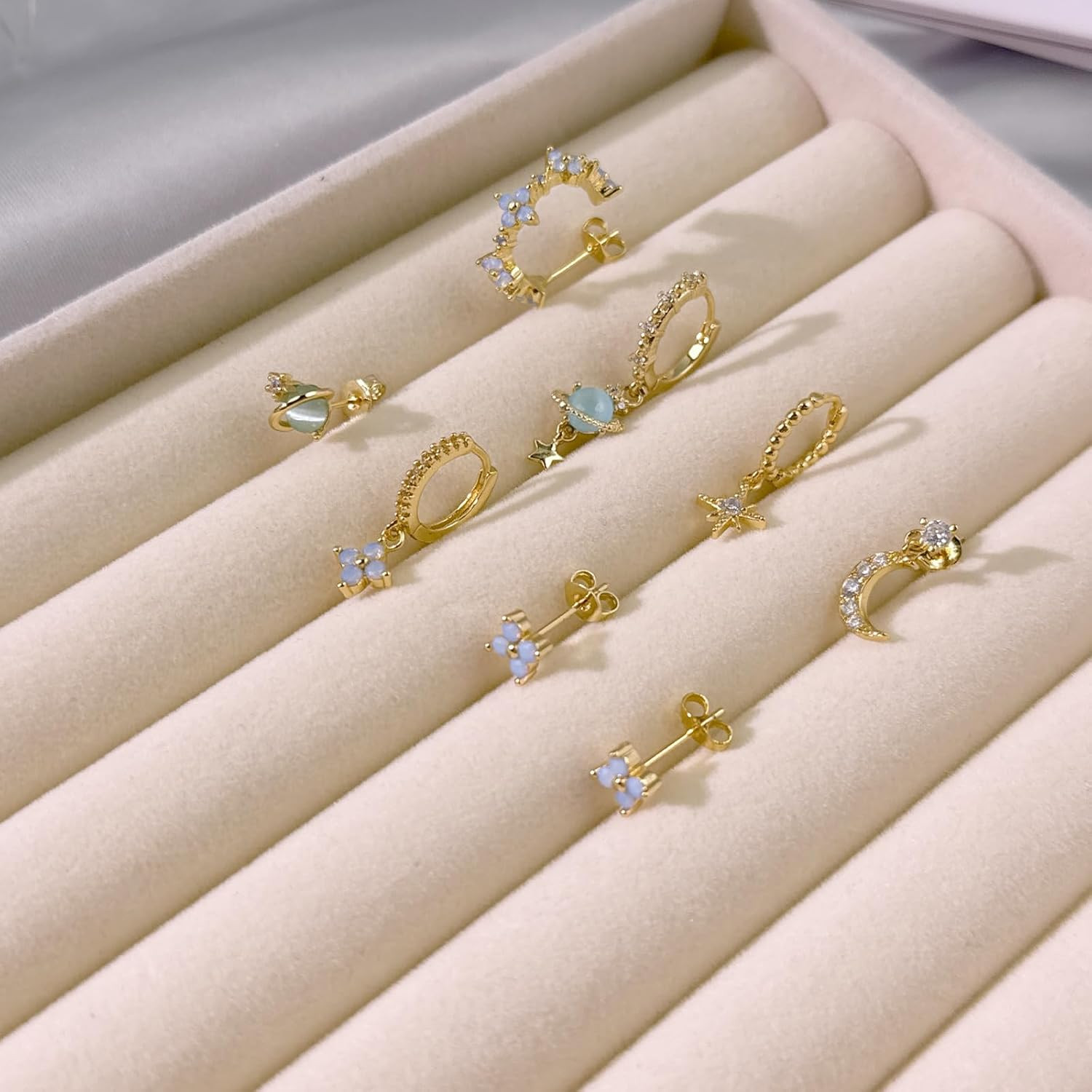 Gold Stud Earring Sets for Multiple Piercing Dainty Flower Leaf CZ Dangle Earrin