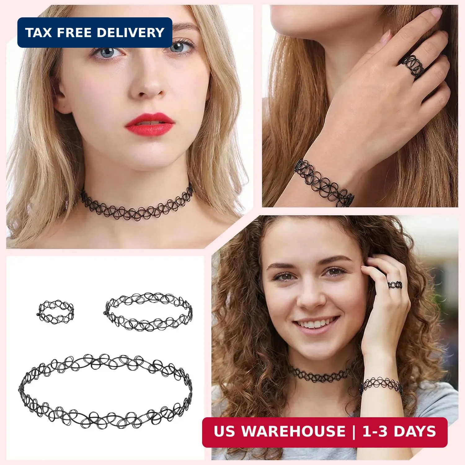 18 Pcs 90s Tattoo Choker Necklace, Bracelet & Ring Set Stretch Gothic Black Lace