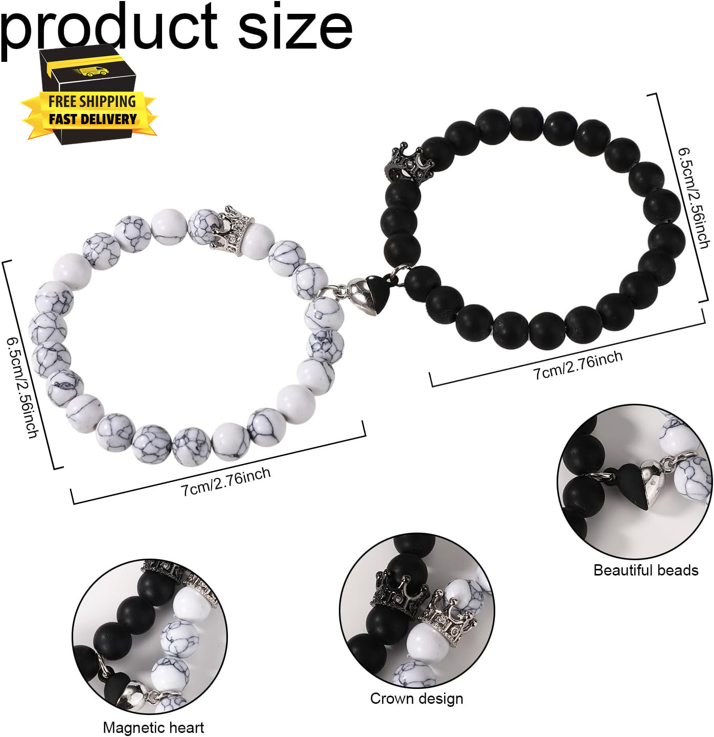 2Pcs Magnetic Couples Bracelets, Love Heart Matching Bracelet King & Queen Crown