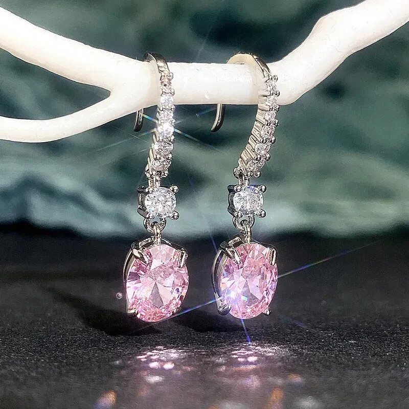 1″ Long Pink Oblong Rhinestone Clear Crystal Prom Pageant Earrings Drop Dangle
