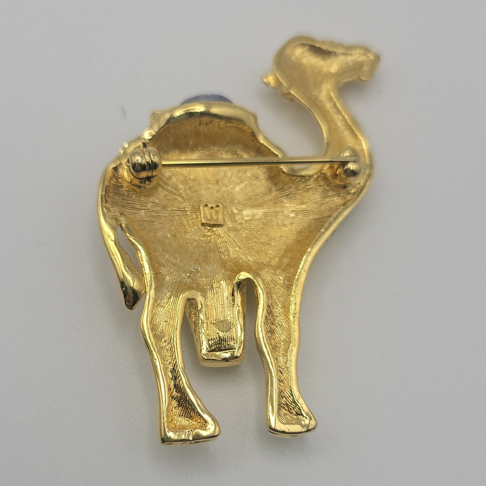 Gold Tone Engraved Camel Brooch Pin Multicolor Cabochon Stones Signed 2in
