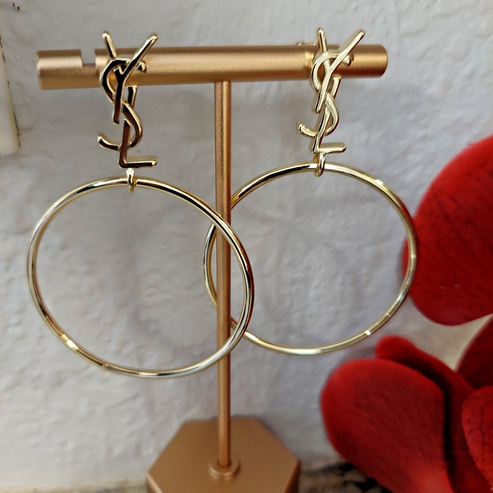 Auth. YVES SAINT LAURENT YSL Large Dangle HOOP EARRINGS Gold Logo