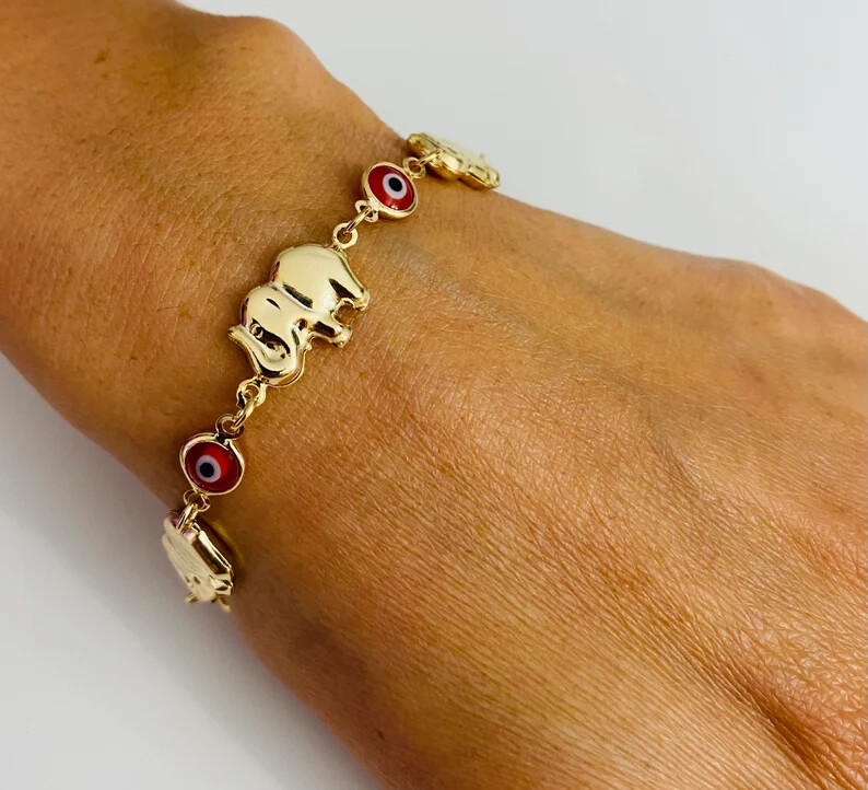 14K Gold Filled Elephant Evil Eye Bracelet Lucky Charm 7.25 Inches- B145