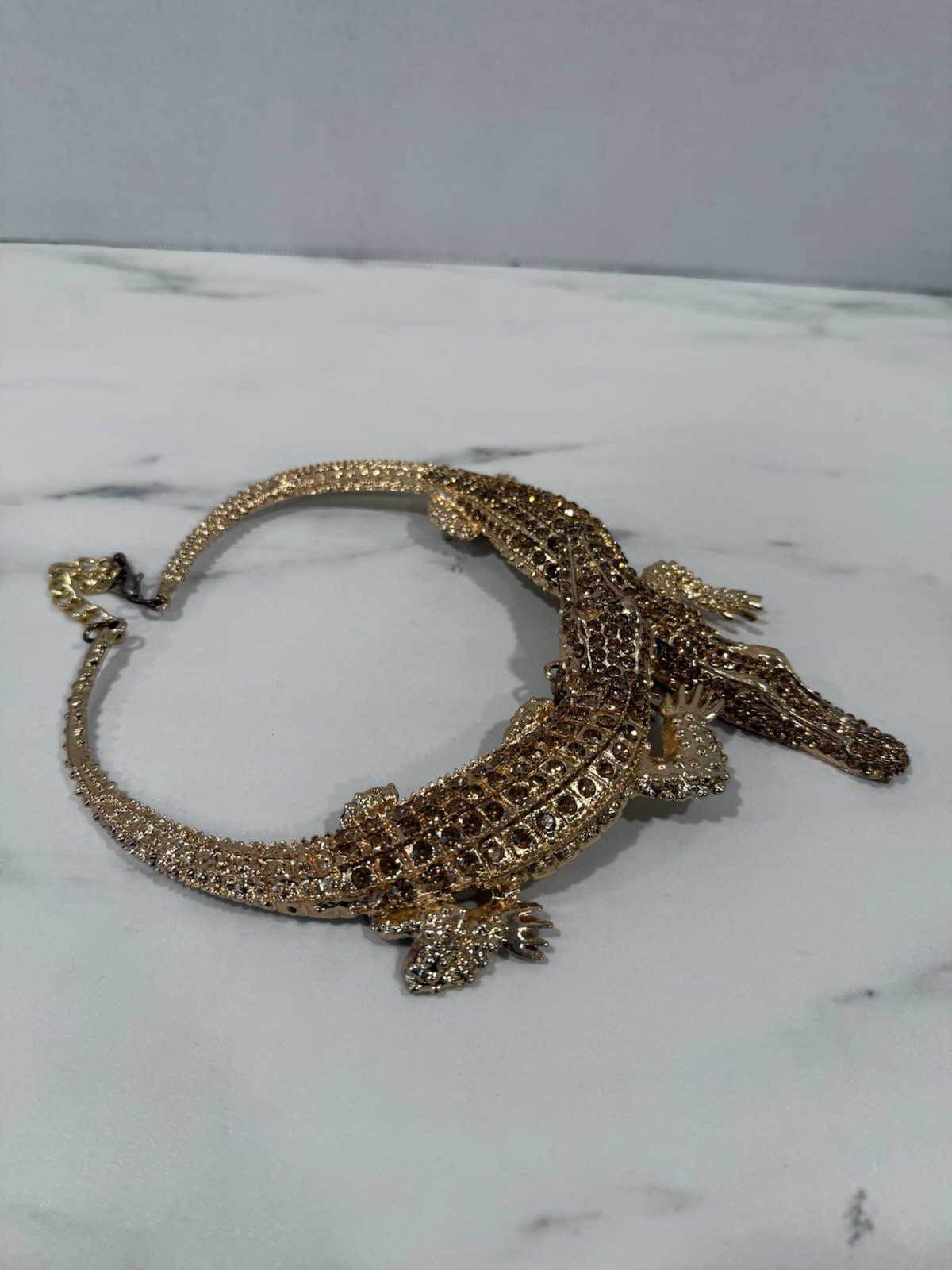 Gold Metal Crocodile Necklace With Gems
