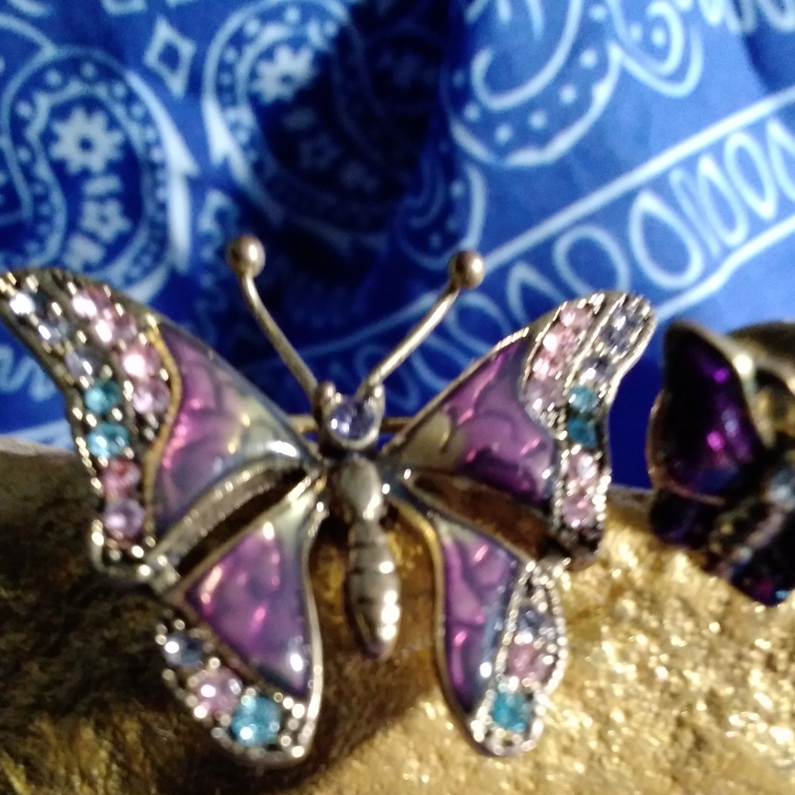 Butterfly Enamel Rhinestone Lapel Pin – Metal Silver Tone Purple Pink Blue