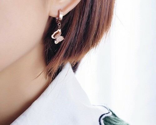 Dangle Hoop Earrings for Women Butterfly Rose Gold Post With Friction Earring 