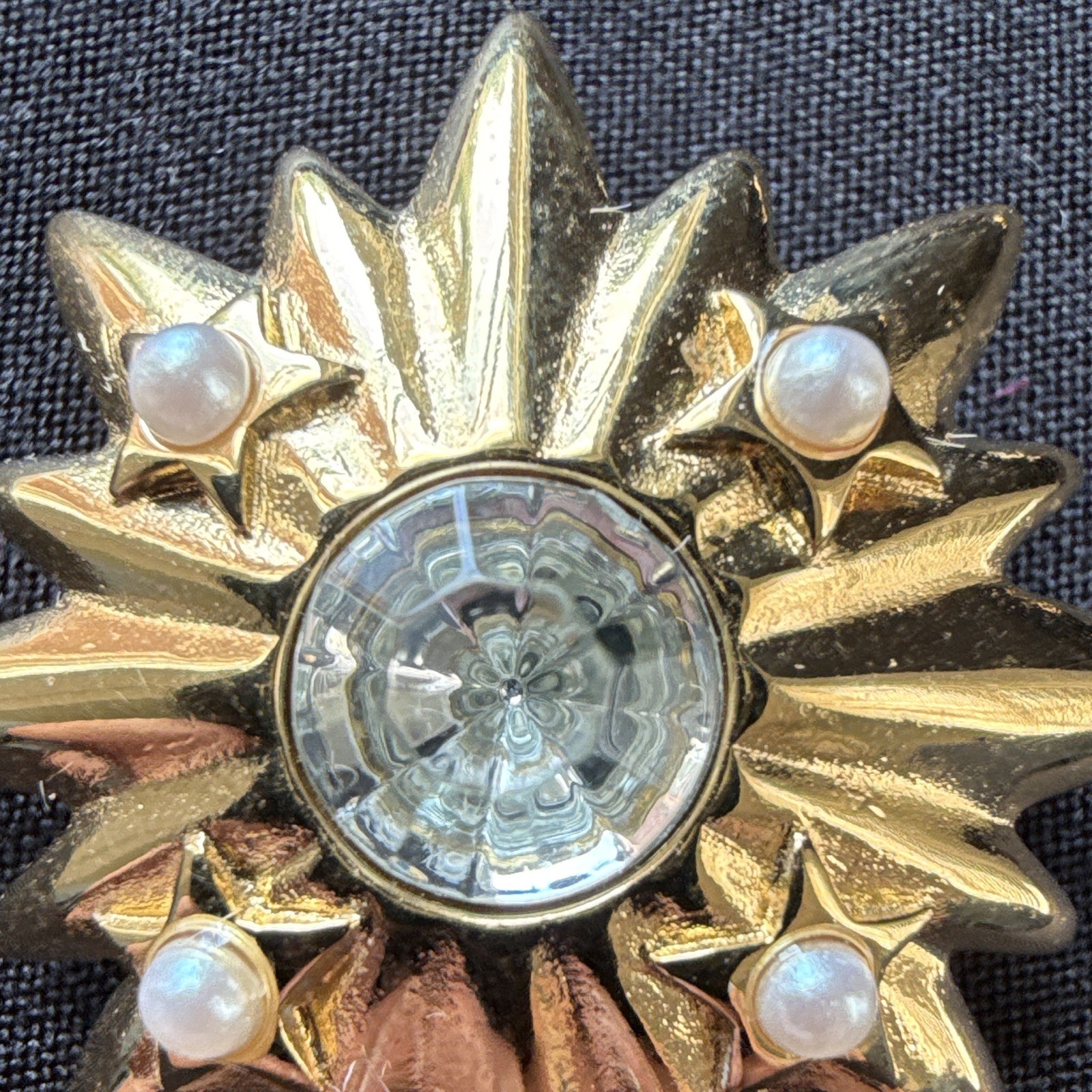 Vintage Trifari Signed Gold Tone Starburst Brooch Pin Rhinestone and Faux Pearls