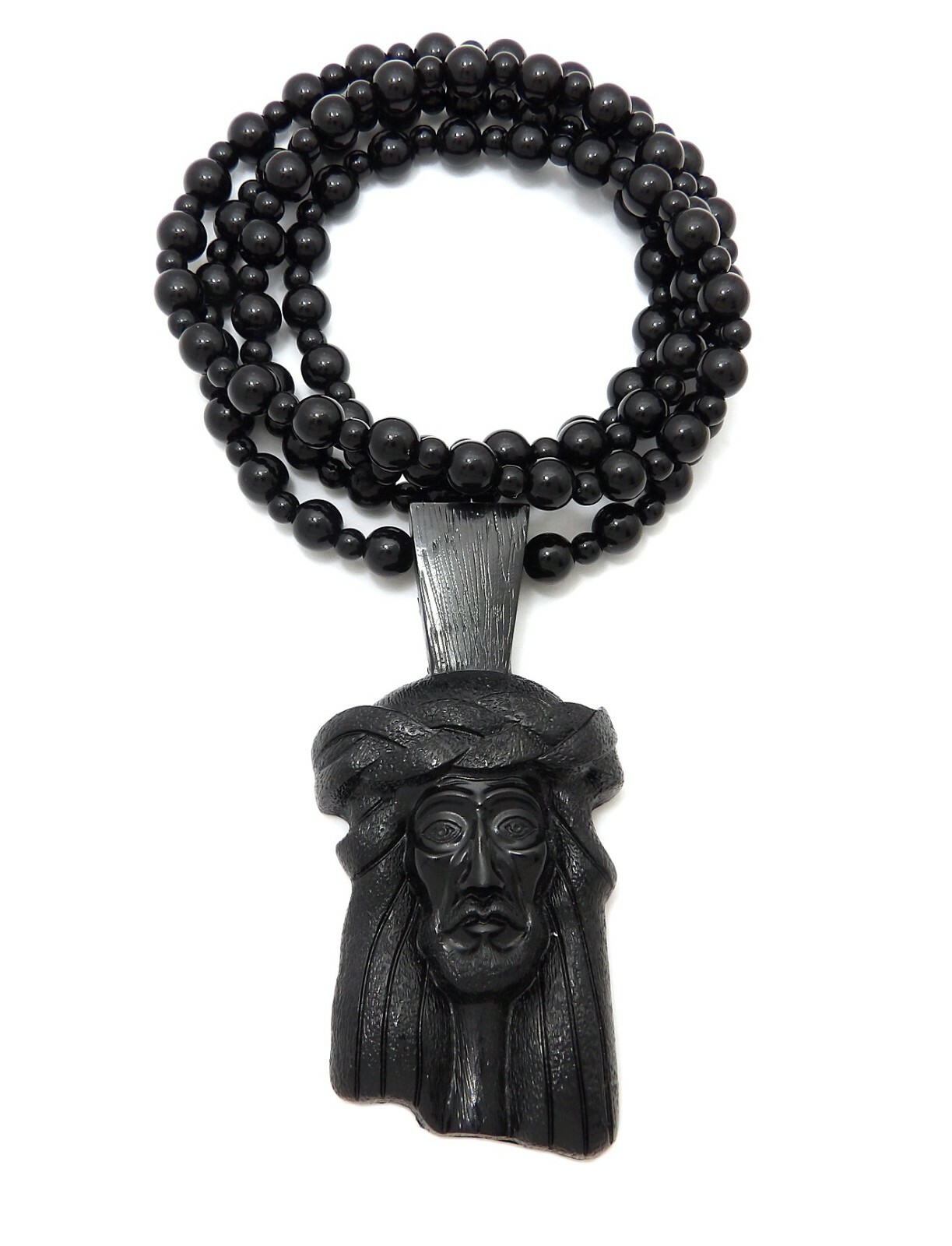 Hip Hop Fashion Black Jesus Head Pendant & 8mm 36″ Plastic Bead Chain Necklace