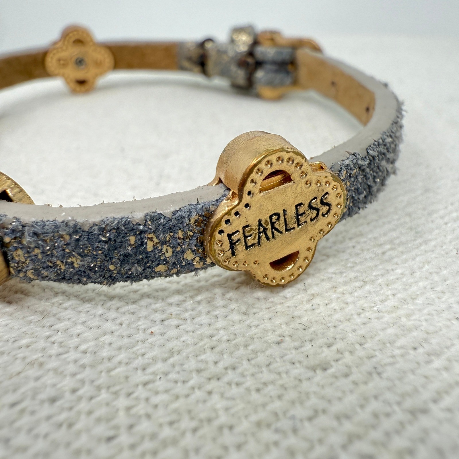 Good Works Blessed Fearless Strength Leather Bracelet Gold Tone Rhinestones