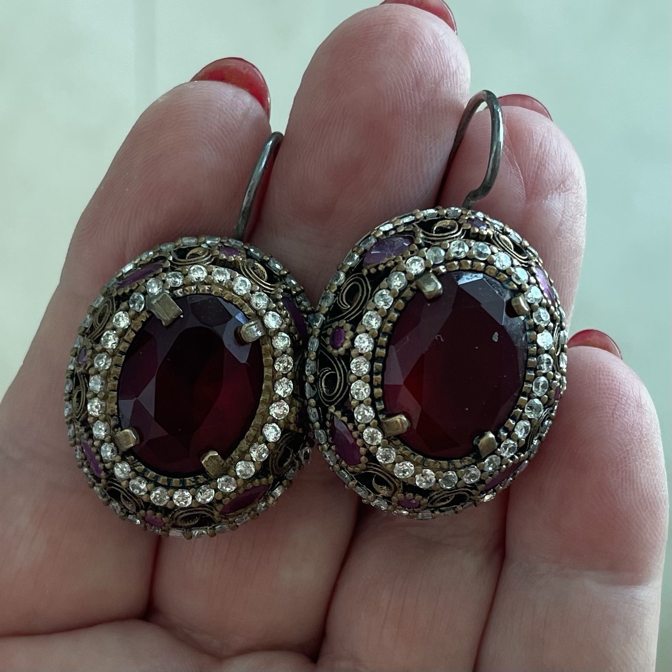 Vintage Red Rube Rhinestone Statement Earrings Silver & Gold Tone Filigree Oval