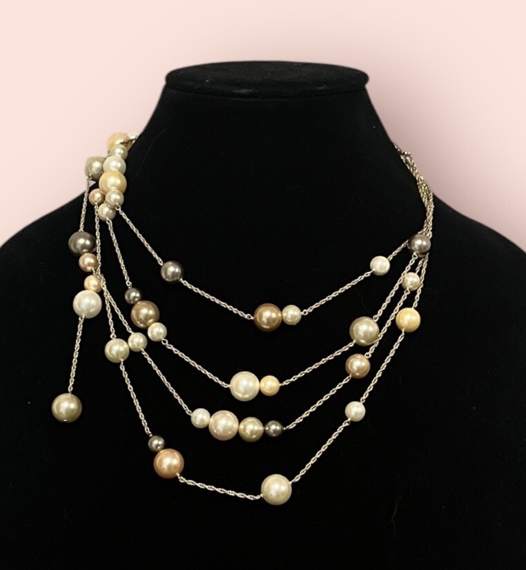 Sogoli 925 Sterling Silver Modernist Necklace 4 Multi Strand Chain Faux Pearl