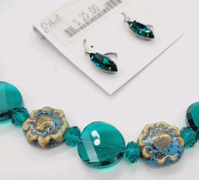 Teal Green Floral Necklace & Earring Flower Set 2 PC Gun Metal Black
