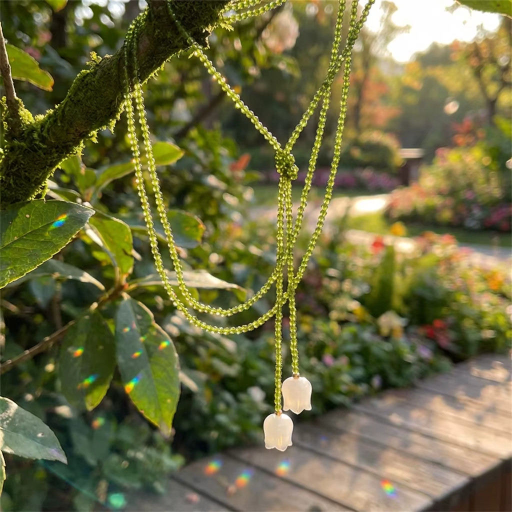 Olive Green Crystal Beaded Double Layer Lily of the Valley Necklace for Women
