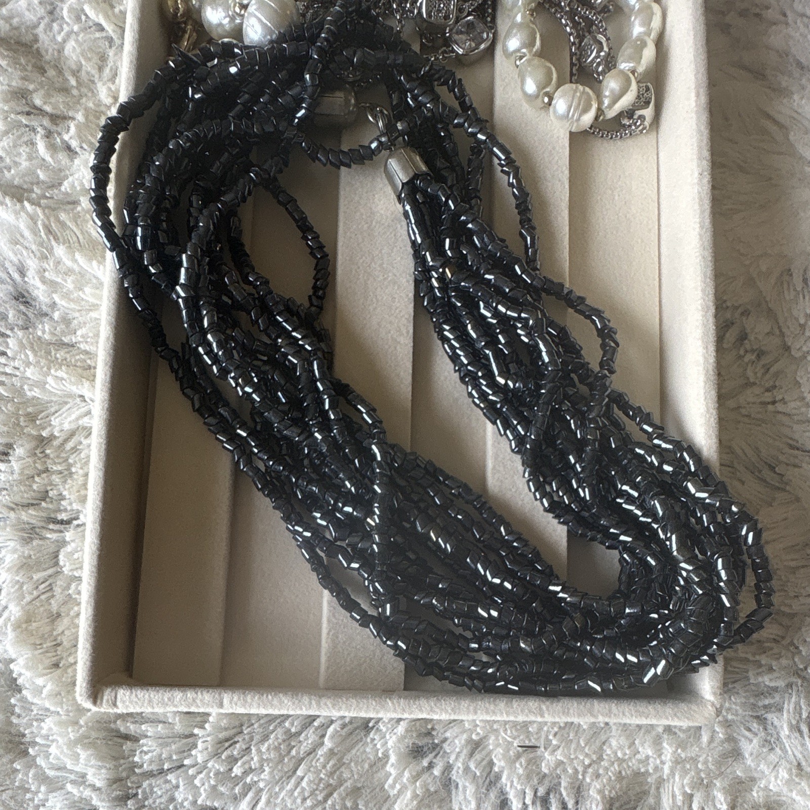 Vintage Black Multi-Strand Glass Beaded Statement Necklace, Silver Tone Clasp