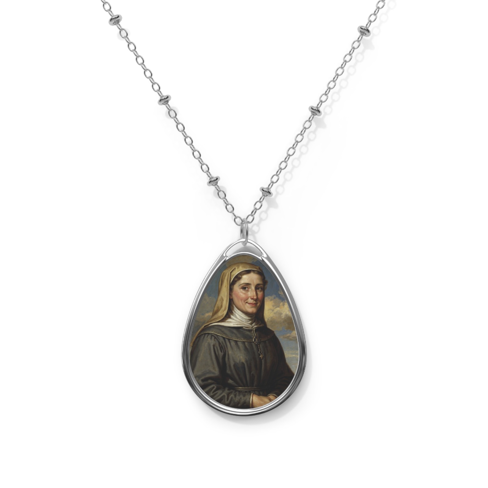 Saint Begga, Oval Pendant Necklace, Christian Gift