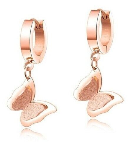 Dangle Hoop Earrings for Women Butterfly Rose Gold Post With Friction Earring 