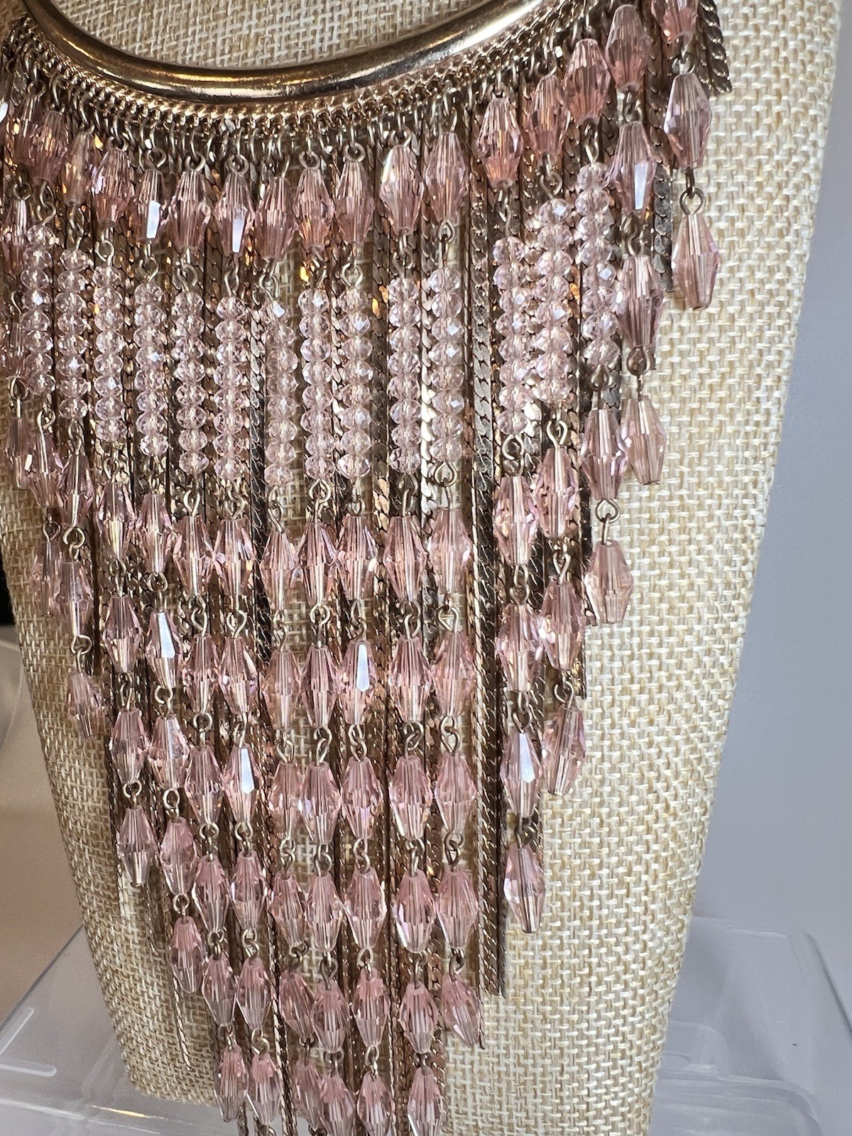 Pink Crystal Teardrop Fringe Statement Bib Necklace Silver Tone Adjustable 28″