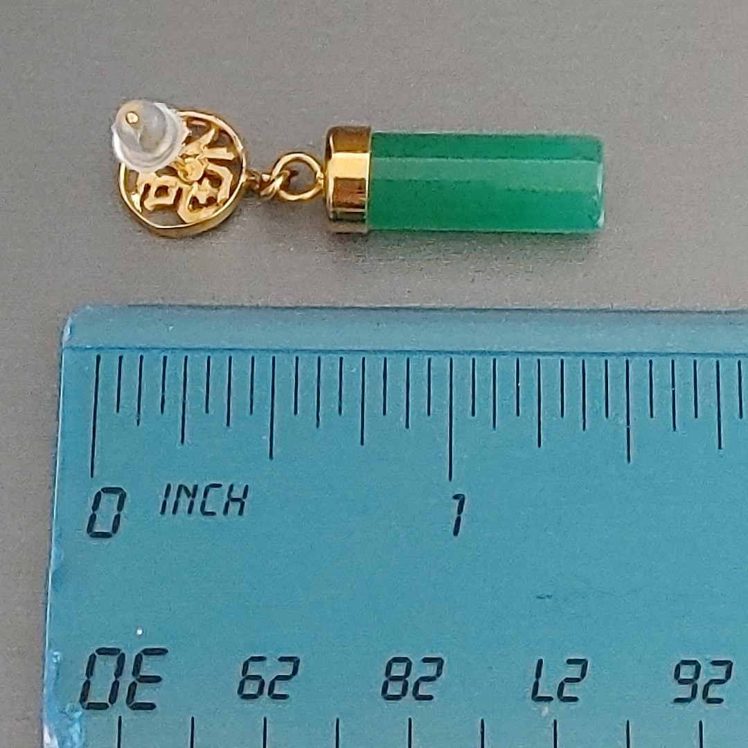 Translucent Green Stone Gold Tone Chinese Earrings Post Dangles 1.5”