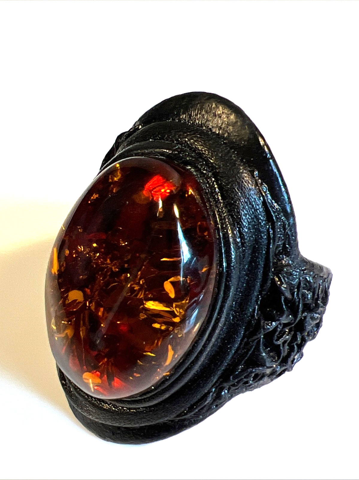 Vintage Baltic Amber Leather Adjustable Ring Distinctive Handcrafted Design 8.5″