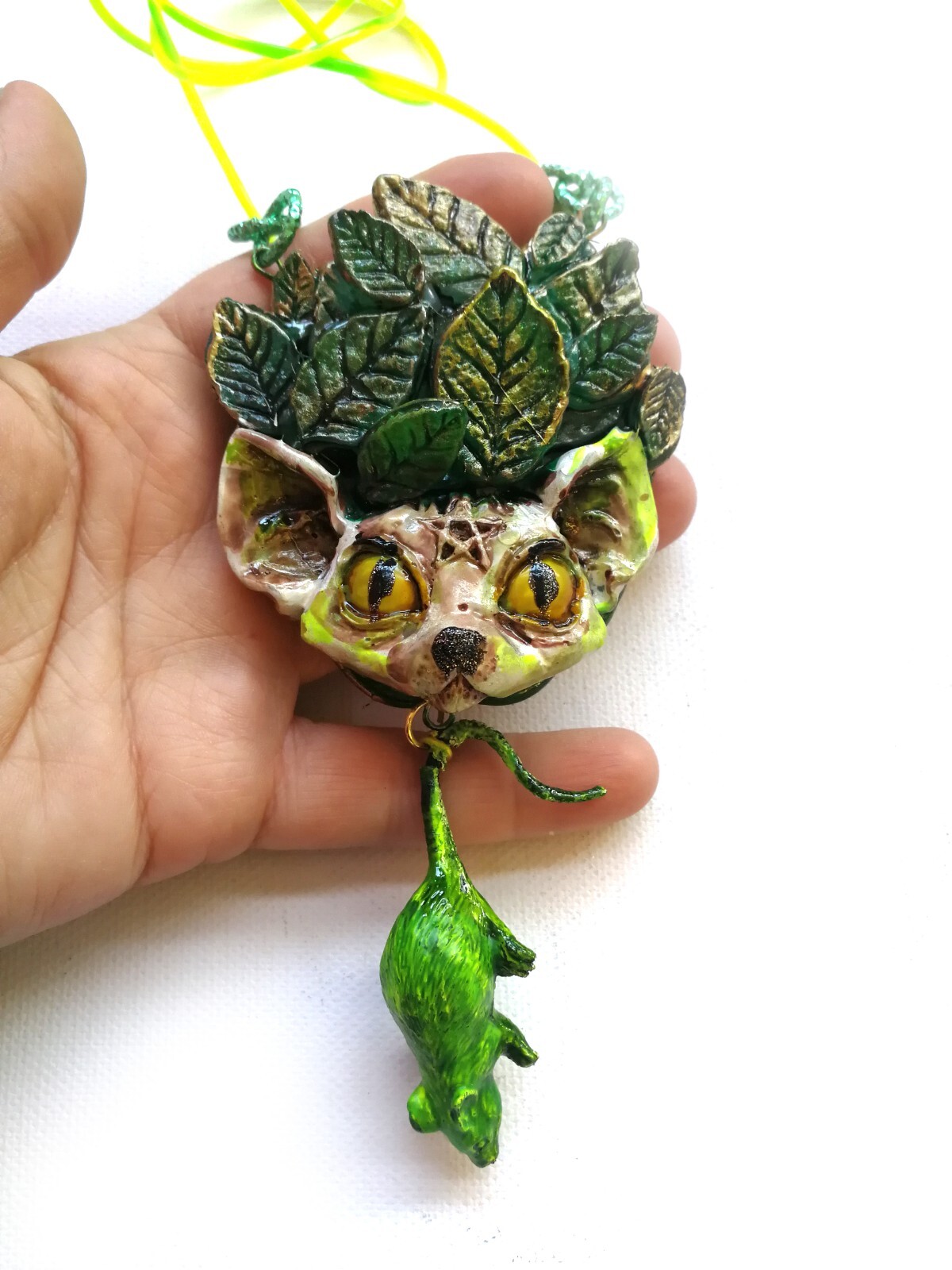 Green Witch Wicca Talisman Celtic Amulet Pendant Charm Forest Leaf Cat Nature