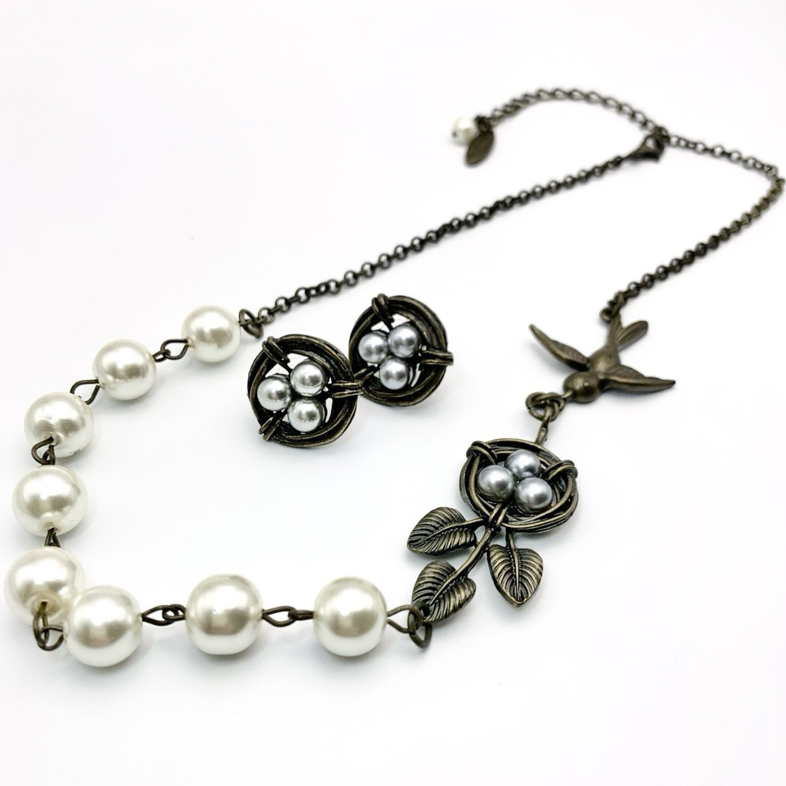 Plunder Bronze Tone 3D Bird Nest Gray Pearl Eggs Necklace And Earrings Set 17”