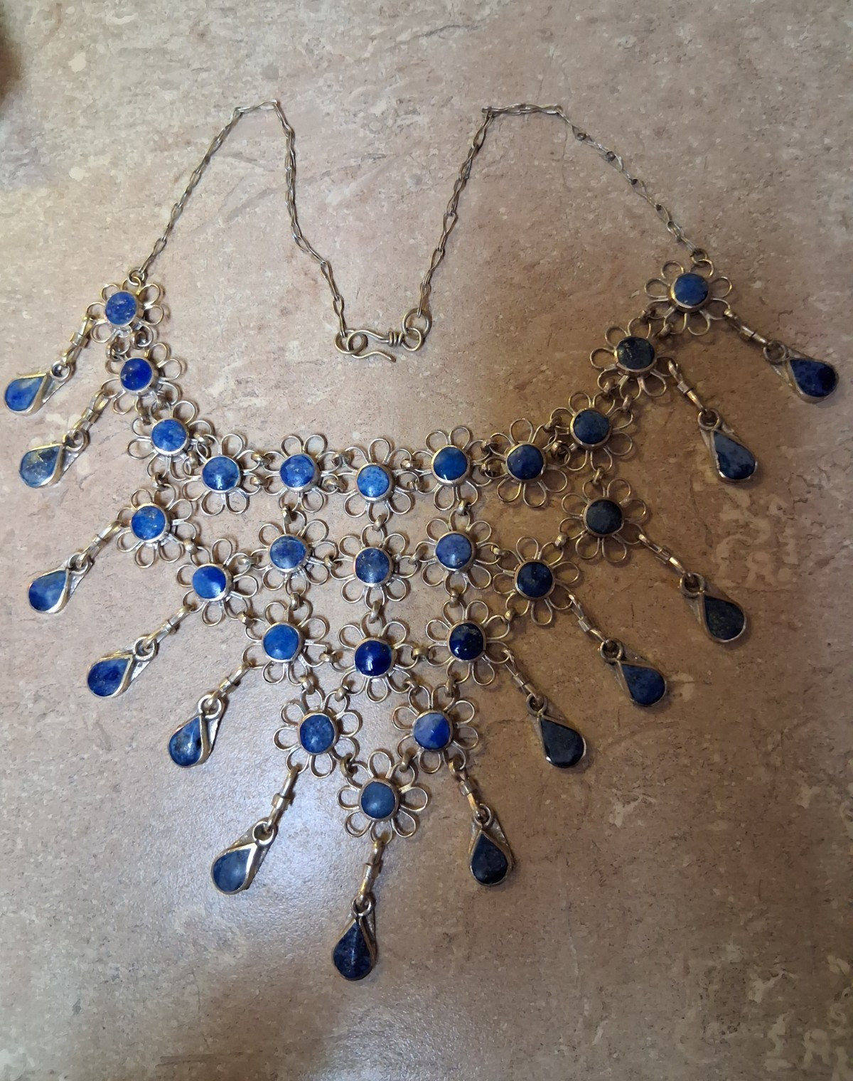 Silver Tone Metal Chain Bib Necklace Blue Round Beads Teardrop Dangle Charms