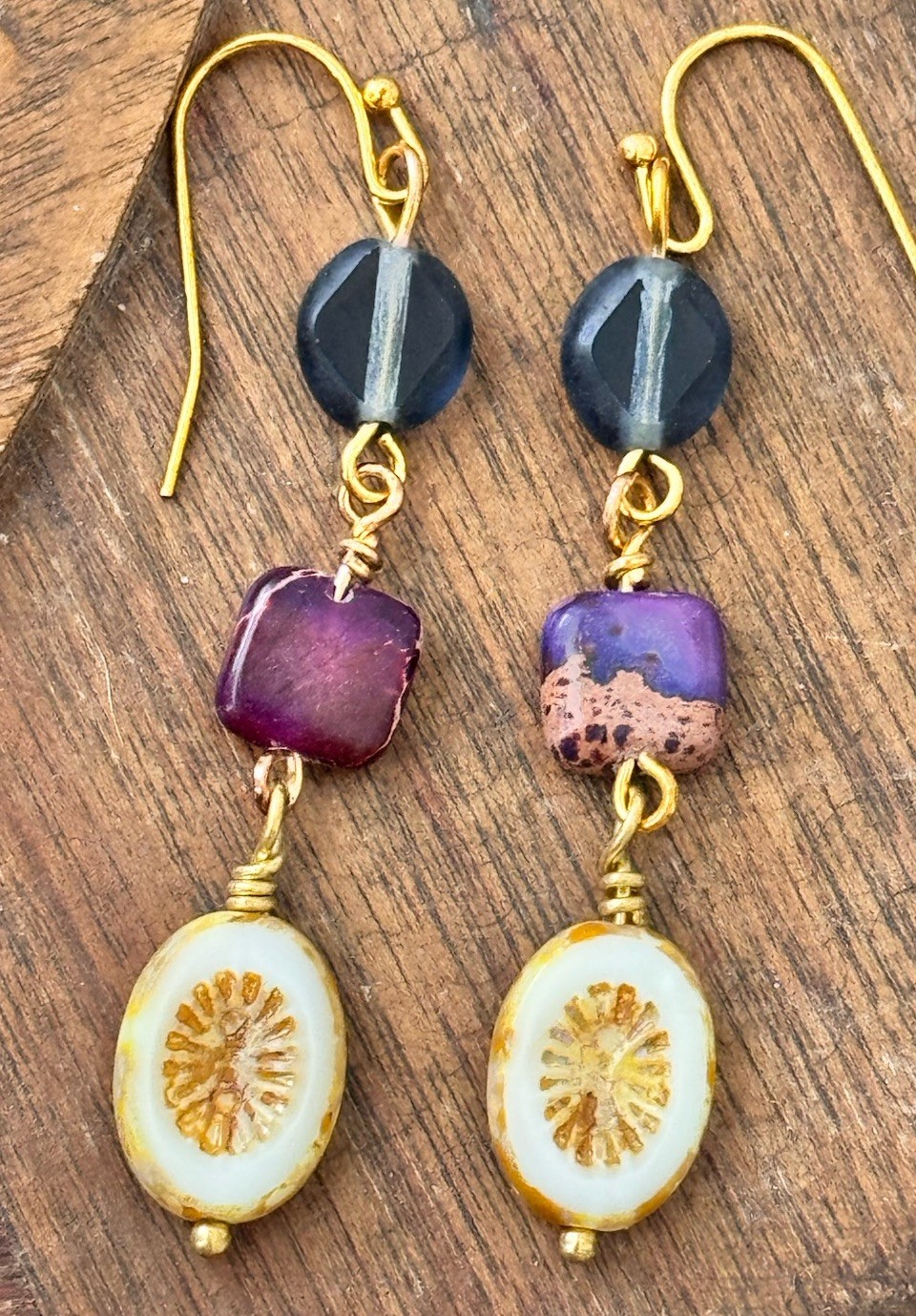 Gold, Blue, Ivory and Purple Imperial Jasper Earrings.