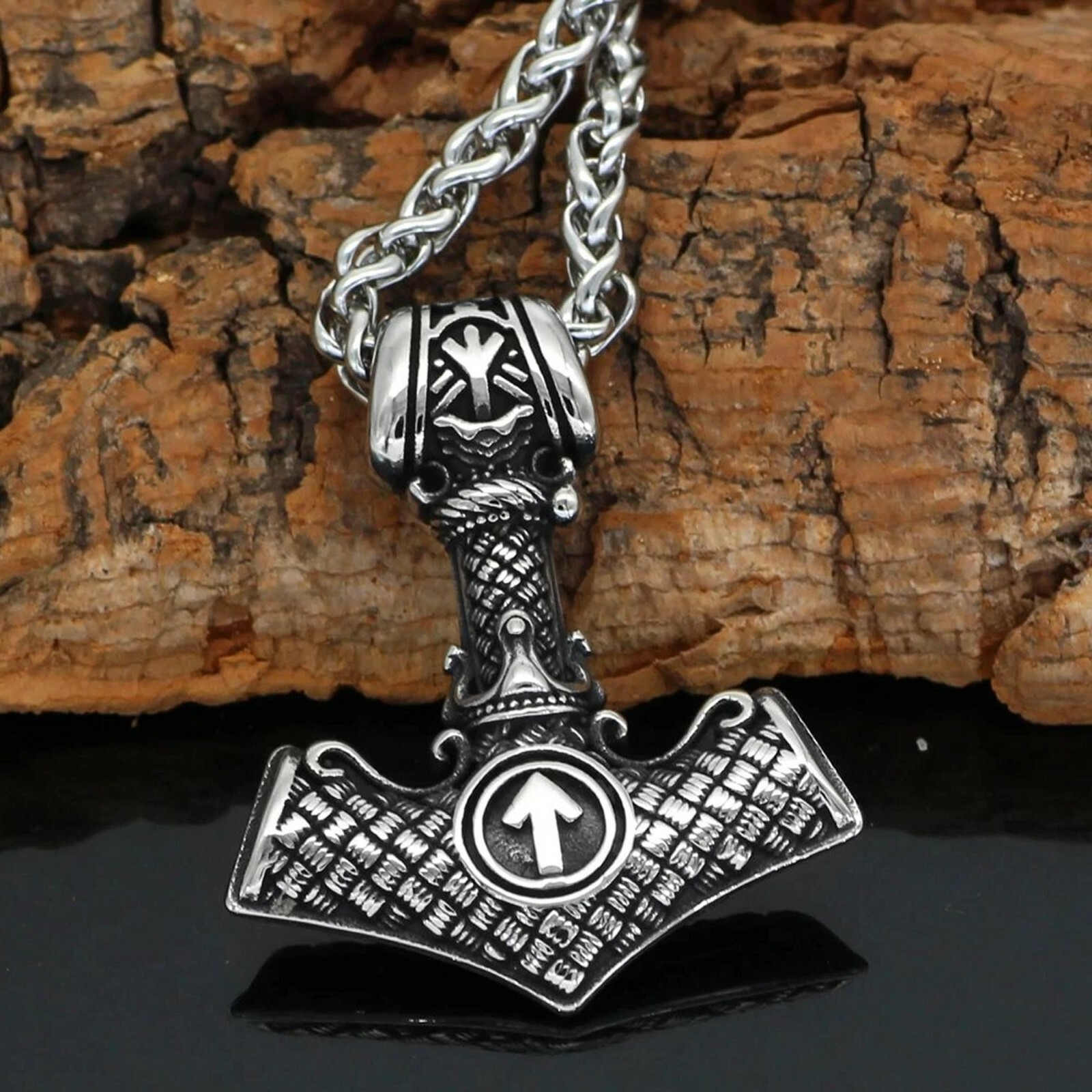 Norse Valknut Thors Hammer Necklace Silver Stainless Steel Viking Pendant Chain
