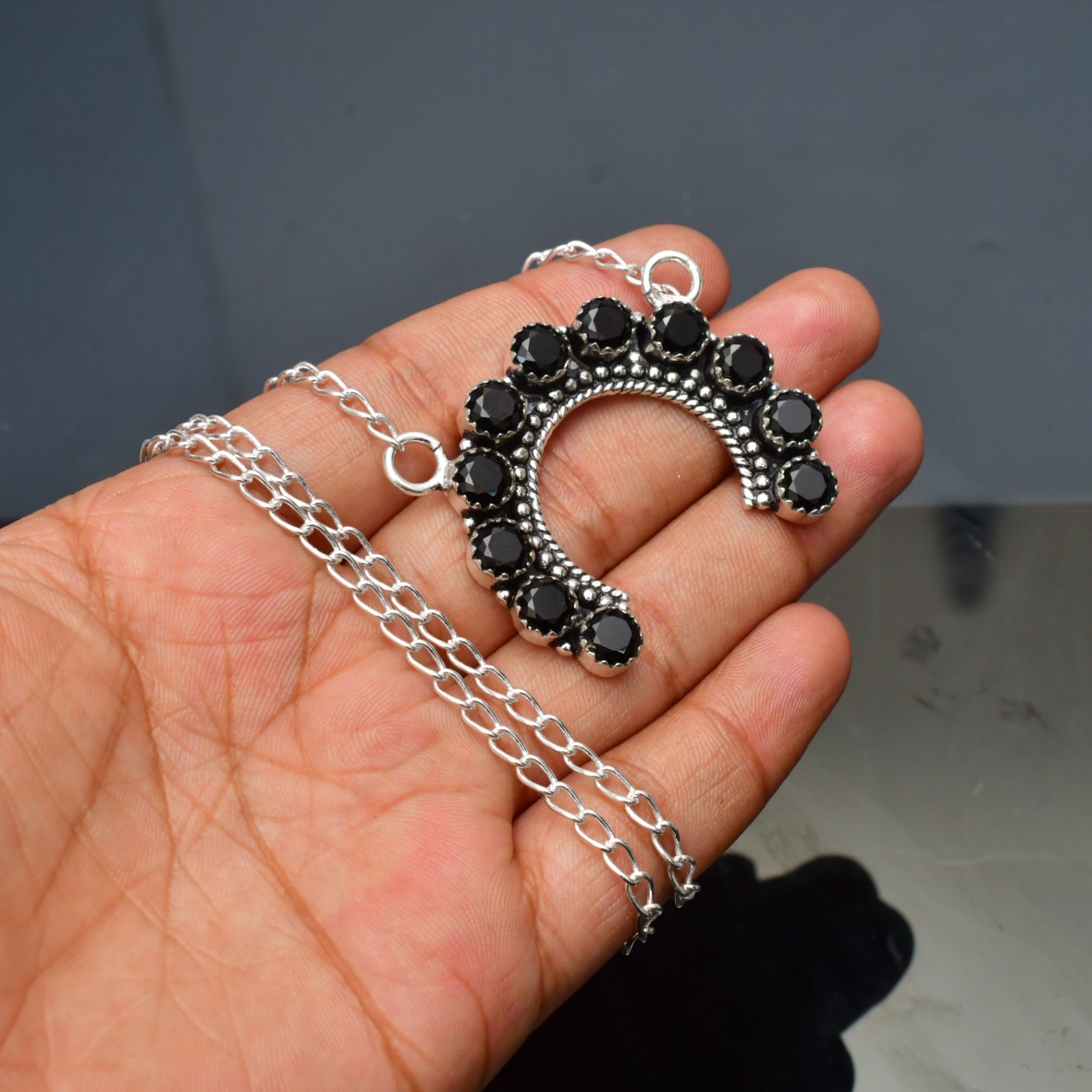 Black Onyx( Lab-Created) Gemstone 925 sterling silver Handmade Necklace : 16-20″