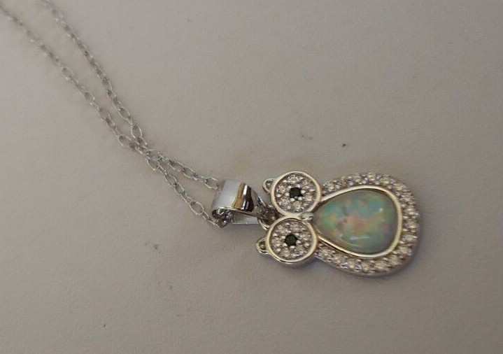 OWL NECKLACE PENDANT W/ OPAL CENTER & LAB ACCENTS / 925 STERLING SILVER / 18”