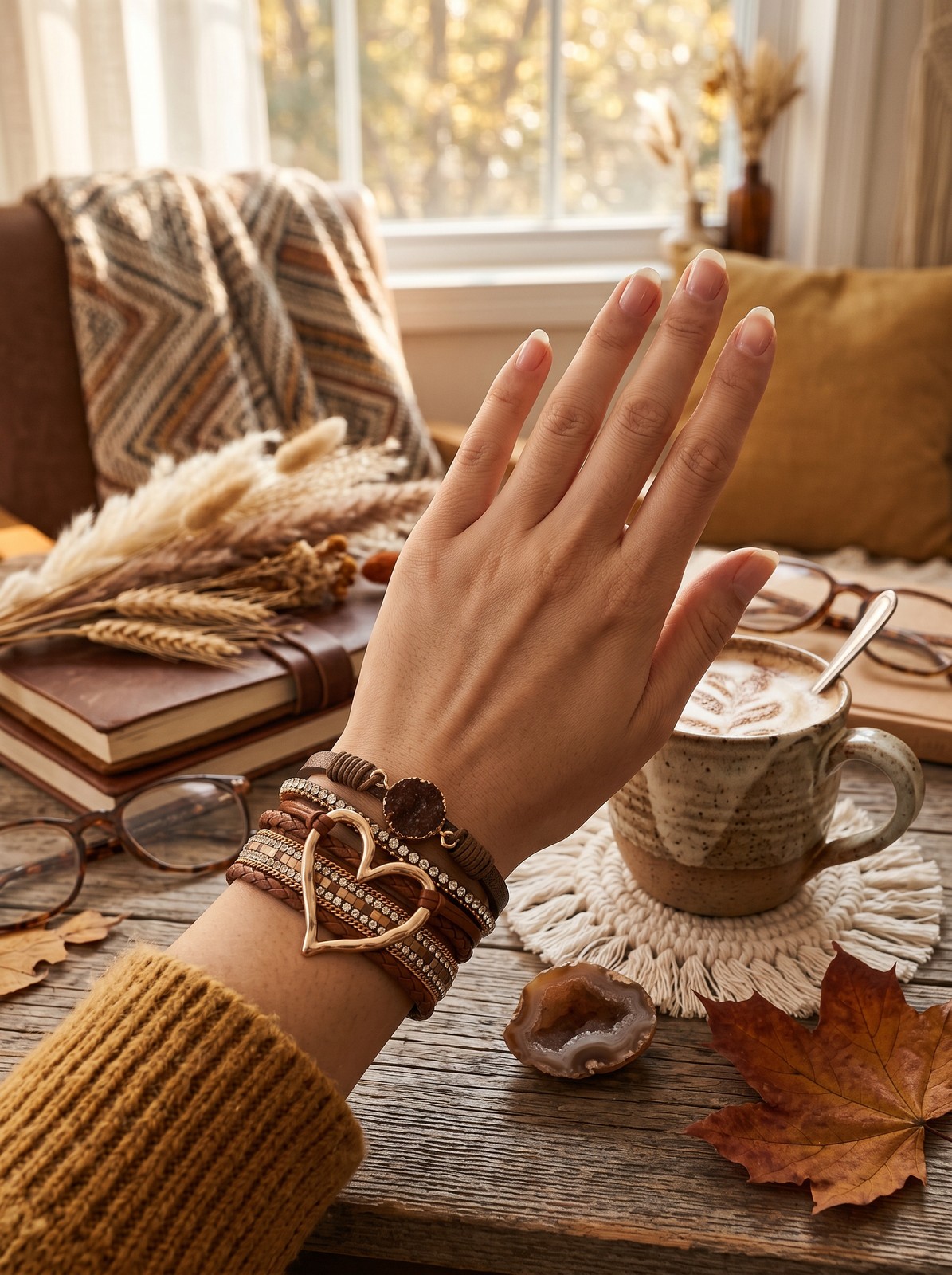 Romantic Boho Heart Wrap Bracelet – Coffee Brown Multi-Strand Leather w/ Stone