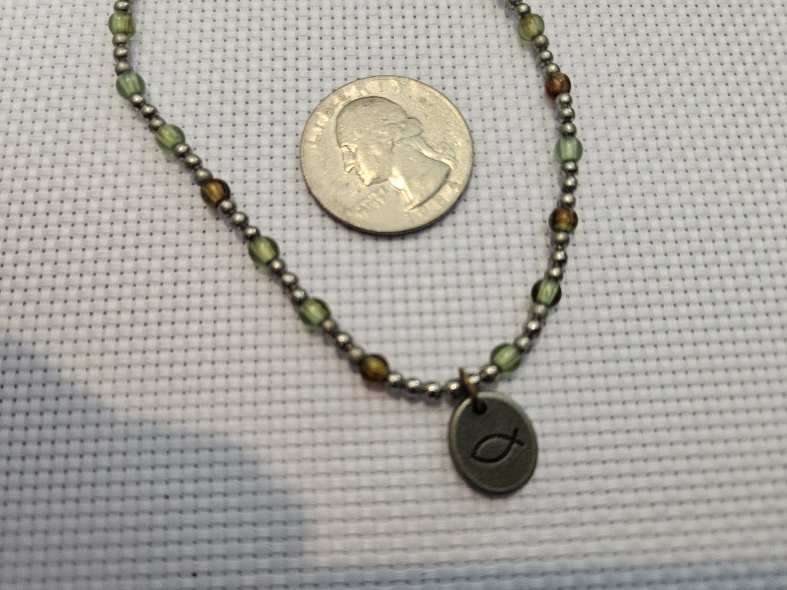 Jesus Fish Ichthys Beaded Necklace Green Seed Beads Christian Faith Charm