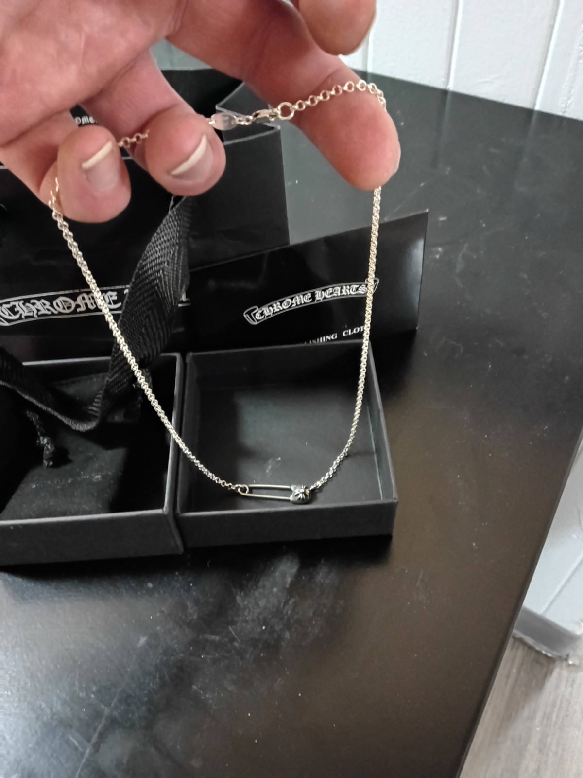 Chrome Hearts Signed 925 Sterling Silver Safety Pin Charm Cable Chain Necklace