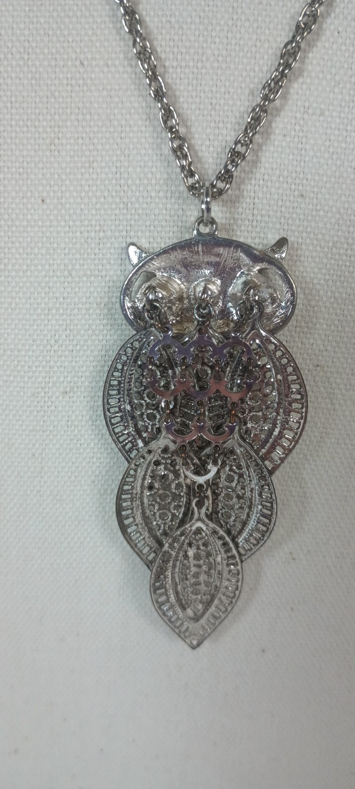 Vintage Articulated Silver Tone Owl Pendant Necklace Black Round Rhinestone Eyes