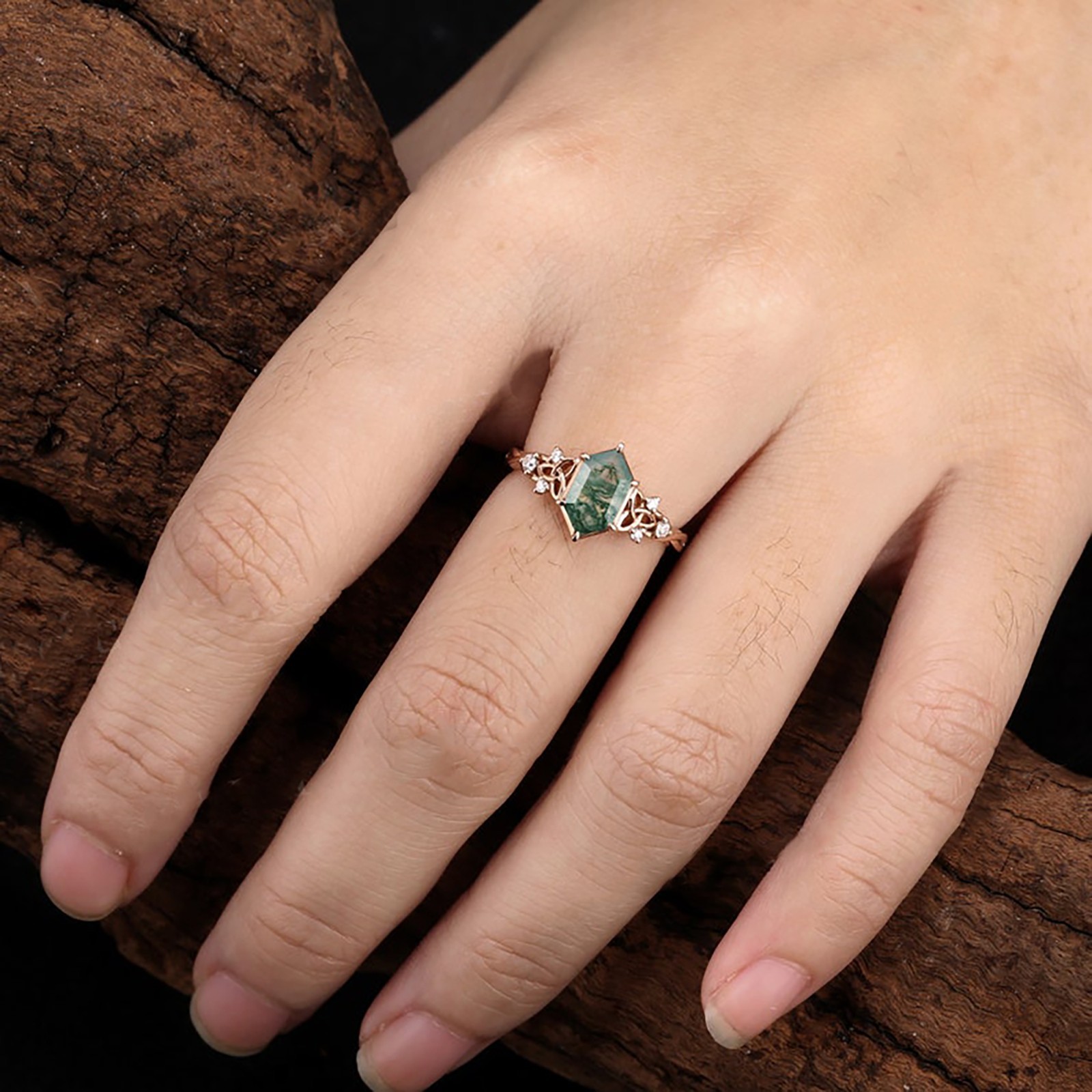 Unique Hexagon Cut Moss Agate &Moissanite Engagement Ring, Celtic Knot Band Ring