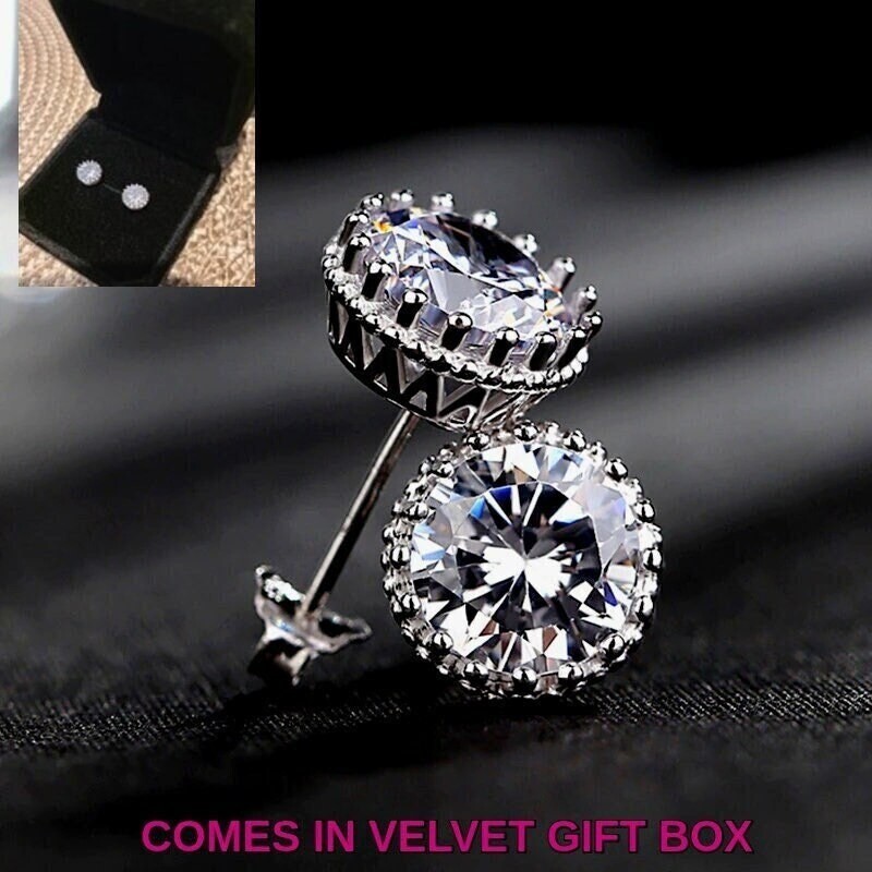 RHINESTONE CZ STUD Earrings .925 Sterling Silver Christmas Gift 8mm or 2 ct. Box