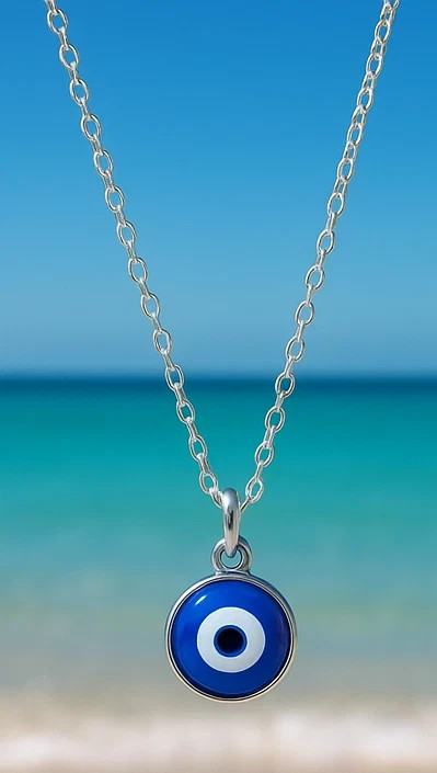 Evil Eye Necklace Glass Pendant Silver Tone Adjustable Chain Lucky Protection