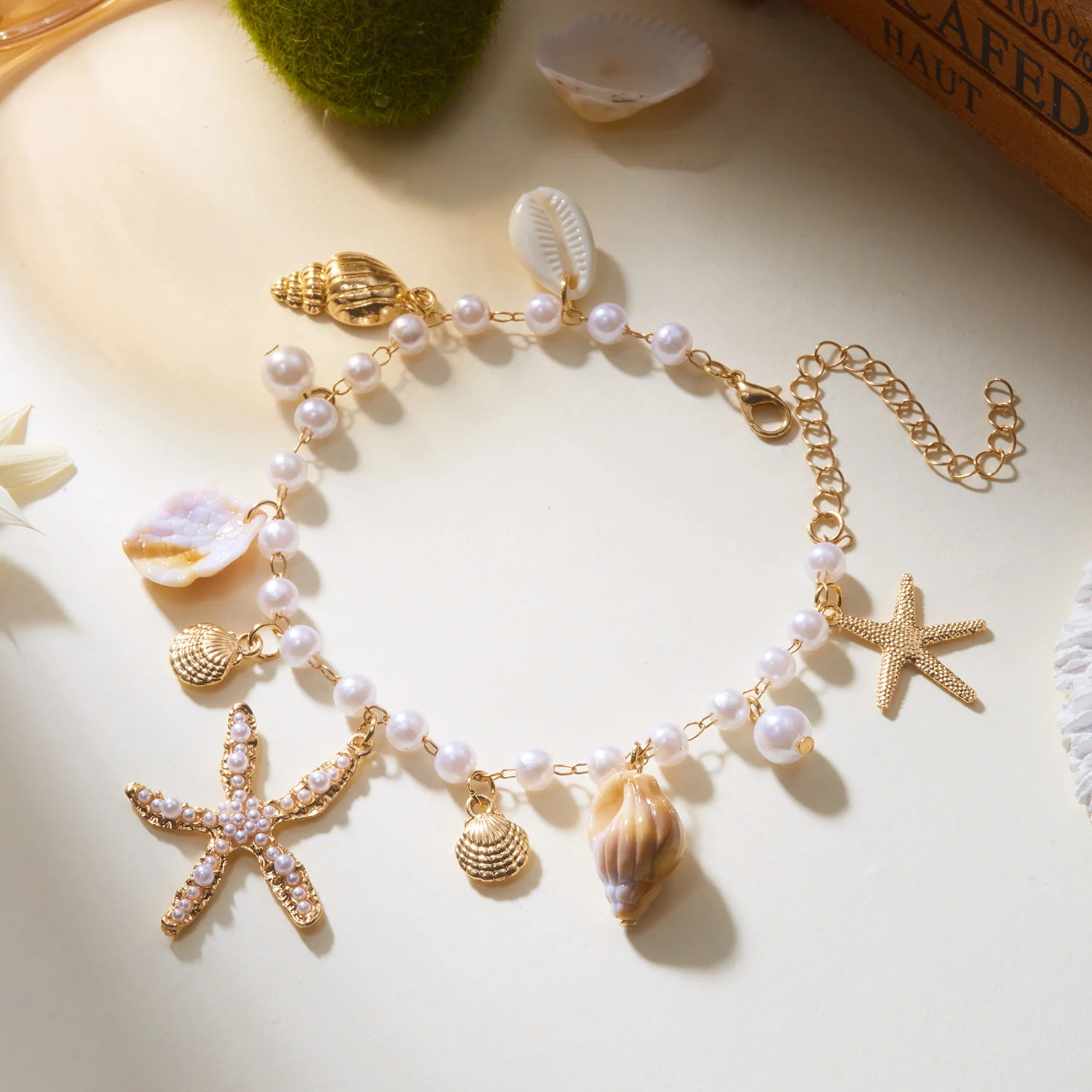 Bohemia Starfish Shell Shell Tassel Anklets For Women Gold Color Imitation Pearl