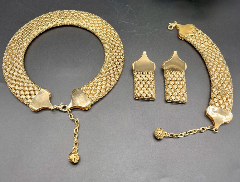 18K Gold Plated Dubai Italy African Wedding Chunky Necklace Earrings Bracelet 3p