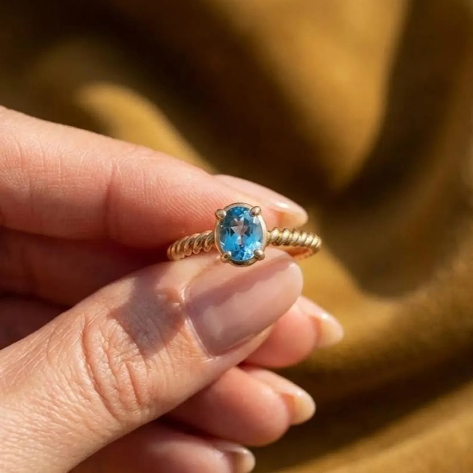 Simulated Diamond Blue Topaz Ring, 14K Yellow Gold Plated Engagement Ring
