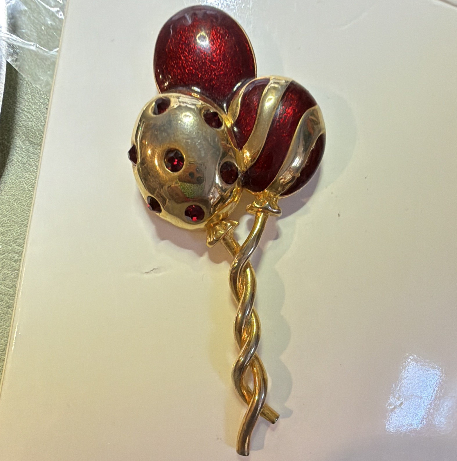 Gold Tone Red Enamel Baloons Brooch Pin, Round Red Crystal Rhinestones