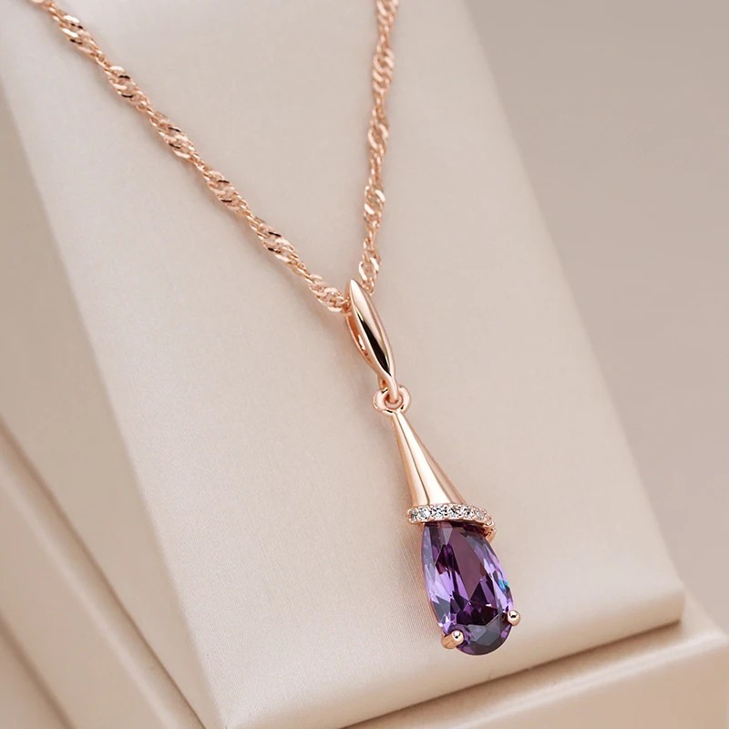 585 Rose Gold Purple Natural Zircon Water Drop Pendant Necklace Women Gift