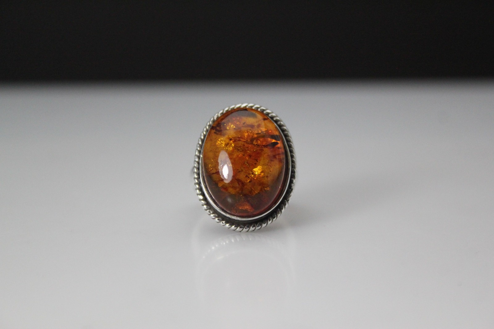 Sterling Silver 925 Large Oval Amber Ring Adjustable Size 7, 9.3 Grams (RIN9855)