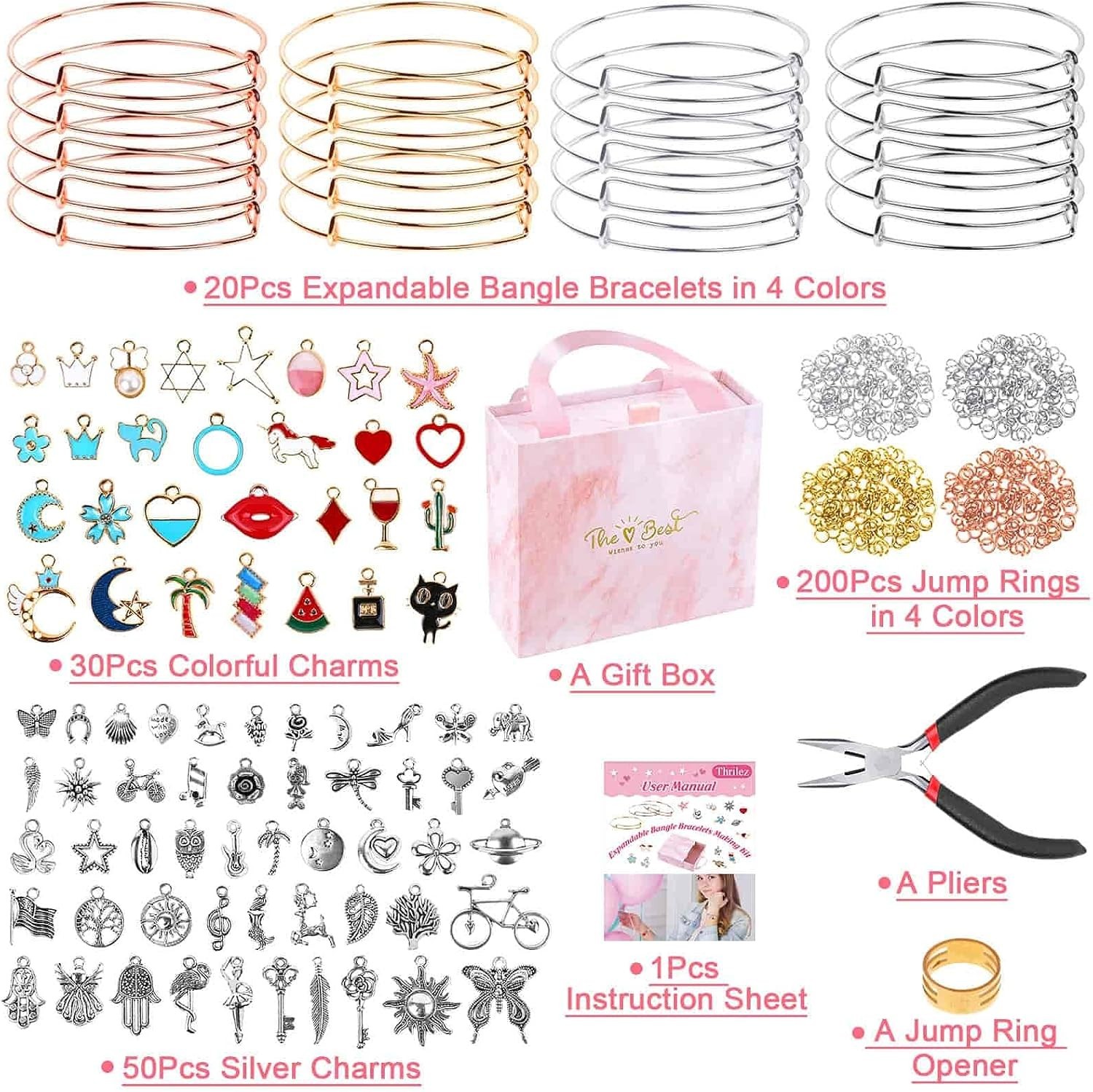 300Pcs Charm Bangle Bracelets Making Kit with Expandable Bangles, Charms, Jum…